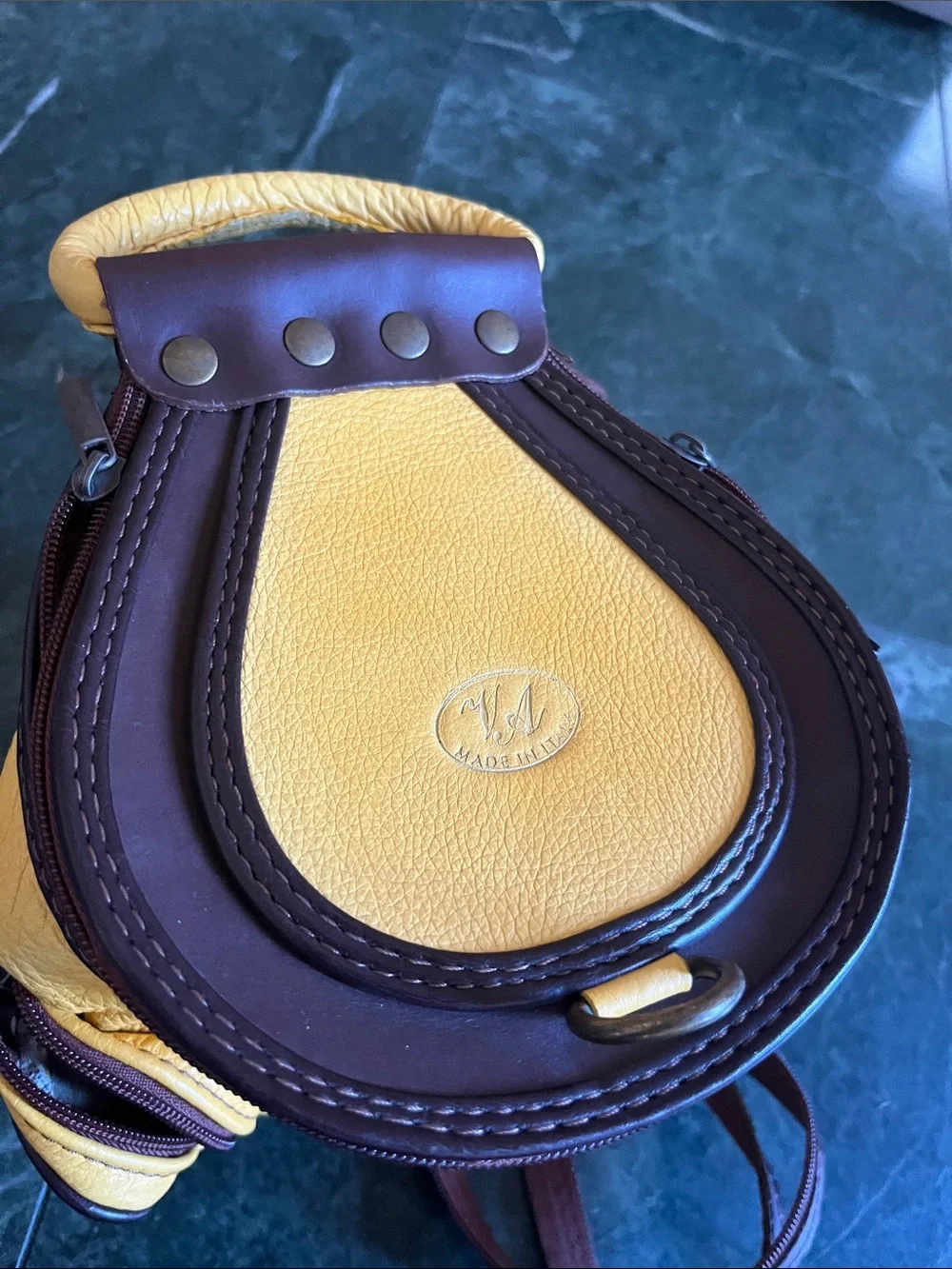 Yellow Leather Backpack with Dark Brown Trim and Top Handle